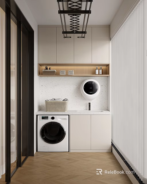 Practical Home Balcony Laundry Space With Washing Machine Storage Cabinets And Basket 3d model