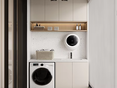 Practical Home Balcony Laundry Space With Washing Machine Storage Cabinets And Basket 3d model