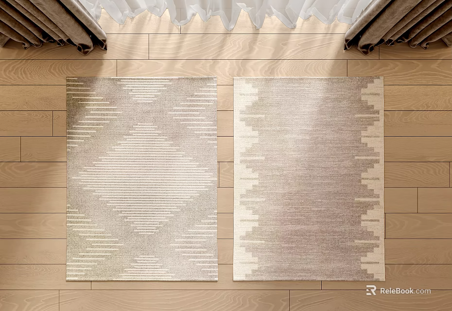 Modern Light Colored Square Rugs With Geometric Patterns On Wooden Floor 3d model