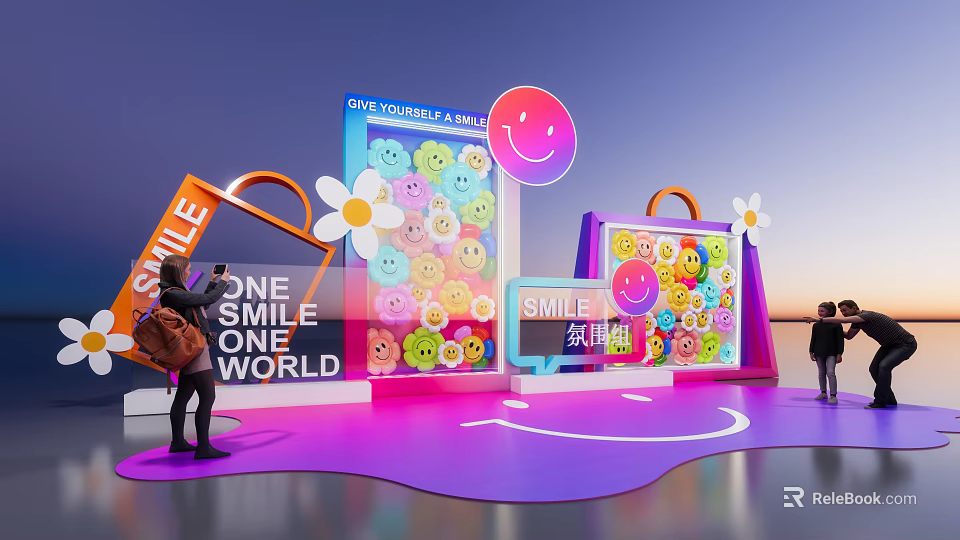 Smiley Emoji Themed Photo Check in Spot With Flower Decorations And Gradient Sky Background 3d model 