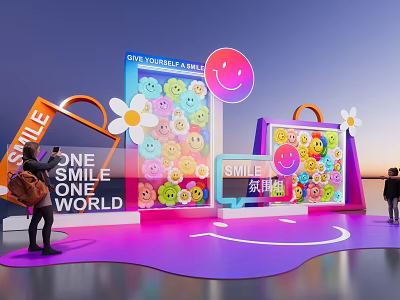 Smiley Emoji Themed Photo Check in Spot With Flower Decorations And Gradient Sky Background 3d model