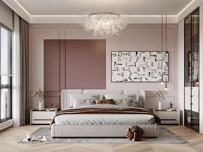 Elegant Modern Bedroom Interior With Chandelier Abstract Wall Art And Layered Pillows 3d model