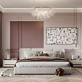 Elegant Modern Bedroom Interior With Chandelier Abstract Wall Art And Layered Pillows