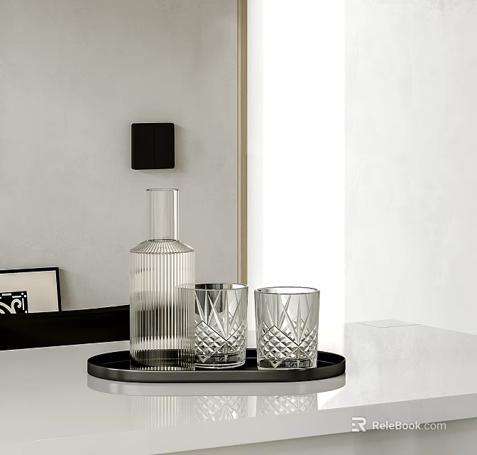 Crystal Glass Cups on Black Tray with Transparent Bottle on White Table in Minimalist Interior 3d model 