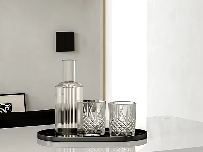Crystal Glass Cups on Black Tray with Transparent Bottle on White Table in Minimalist Interior 3d model