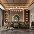 Chinese Style Private Dining Room With Chandelier Dining Table Chairs And Decorative Elements 3d model