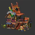 Cartoon Whimsical Beer Tavern Scene With Red Roof Wooden Structure Beer Signboard Stairs And Barrels