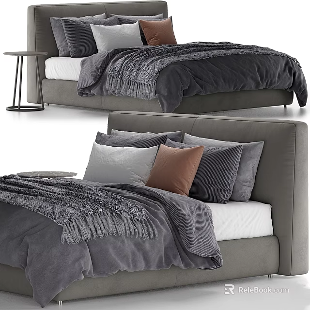 Modern Double Bed Design With Grey Comforter Blanket And White Brown Grey Pillows 3d model