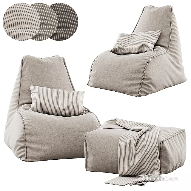 Comfortable Beige Fabric Lounge Chair With Striped Pillow And Cozy Blanket 3d model 