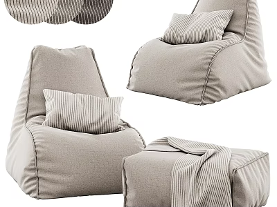 Comfortable Beige Fabric Lounge Chair With Striped Pillow And Cozy Blanket 3d model