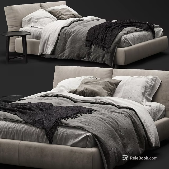 Modern Minimalist Double Bed With Gray White Bedding Pillows And Throw Blanket 3d model 