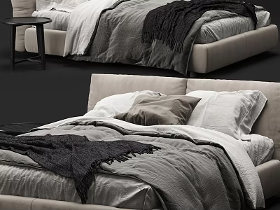 Modern Minimalist Double Bed With Gray White Bedding Pillows And Throw Blanket 3d model
