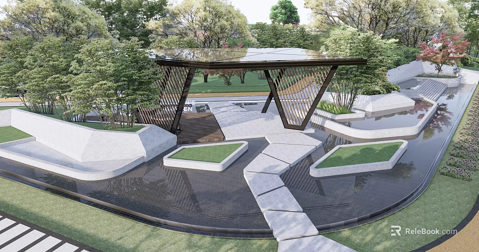 Pergola in Modern Garden with Stone Pathways Water Feature and Green Plants 3d model 