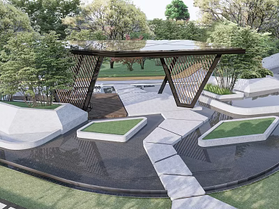 Pergola in Modern Garden with Stone Pathways Water Feature and Green Plants 3d model