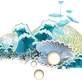 Artistic Decorative Scene Featuring Blue Waves Shell Pearls And Lotus Flowers 3d model