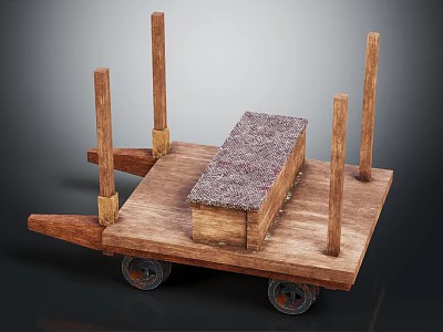 Vintage Wooden Cart With Textured Box And Wooden Posts On Wheels 3d model