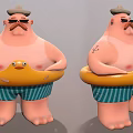 Plump Man With White Hat And Sunglasses Holding Yellow Rubber Duck Float On Wooden Base