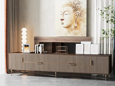 Elegant Modern TV Stand with Wooden Drawers Metal Legs and Decorative Books Photo Frames 3d model