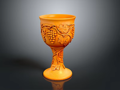 Orange Carved Cup With Grape And Leaf Patterns On Tall Stem 3d model