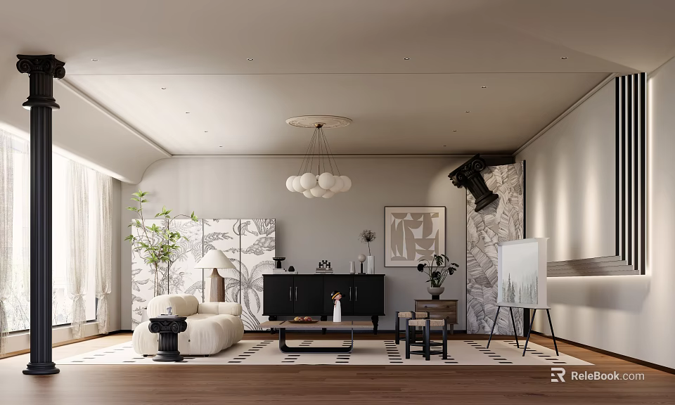 Modern Living Room Interior With White Sofa Black Cabinet Chandelier Green Plant And Easel 3d model 