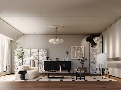 Modern Living Room Interior With White Sofa Black Cabinet Chandelier Green Plant And Easel 3d model