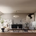 Modern Living Room Interior With White Sofa Black Cabinet Chandelier Green Plant And Easel