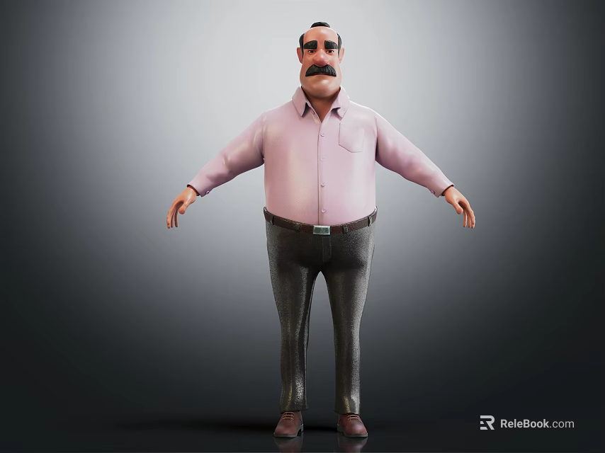 3D Rendered Male Character In Pink Shirt Dark Pants With Mustache Arms Outstretched Gray Background 3d model 