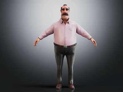 3D Rendered Male Character In Pink Shirt Dark Pants With Mustache Arms Outstretched Gray Background 3d model
