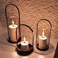Lantern Shaped Decorative Ornament Set With Black Frame Transparent Glass And Lit Candles