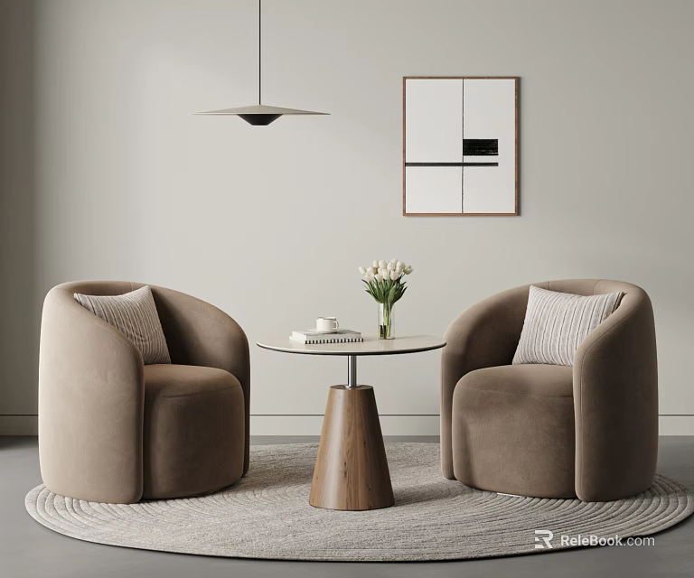 Contemporary Beige Armchairs With Round Wooden Table White Flowers Books Geometric Art And Pendant Lamp 3d model 