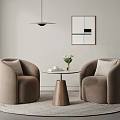 Contemporary Beige Armchairs With Round Wooden Table White Flowers Books Geometric Art And Pendant Lamp