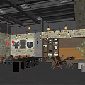 Modern Industrial Cafe Interior With Wooden Tables Hanging Lights And Wall Art