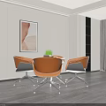 Modern White Round Table Set With Orange Leather Chairs And Abstract Wall Painting