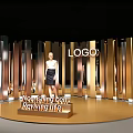 Modern Circular Display Platform With Gold Silver Pillars Woman Logo Morning Bell Reviving Life