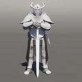 Game And Movie Character Knight Standing In Horned Helmet Holding Sword With Chainmail Armor
