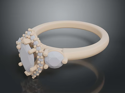 Beige Metal Ring With Oval Center Stone And Small Decorative Stones 3d model
