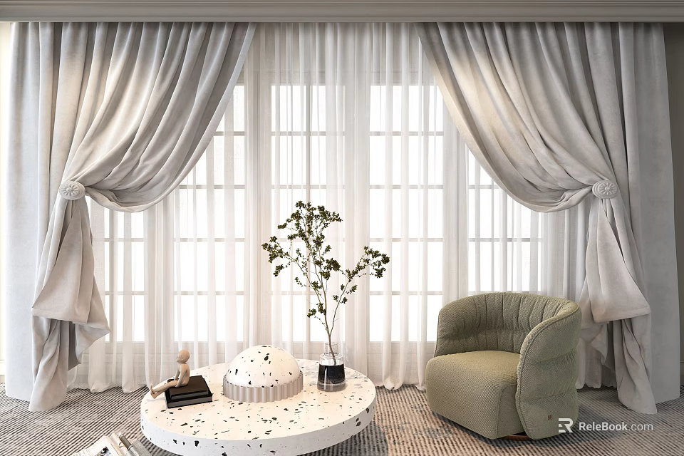 Elegant Floor Length Curtains In Living Room With Window And Armchair 3d model 