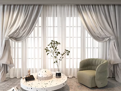 Elegant Floor Length Curtains In Living Room With Window And Armchair 3d model
