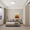 Modern Bedroom Interior With Comfortable Bed Bedside Tables Framed Artwork Large Window And Soft Rug 3d model