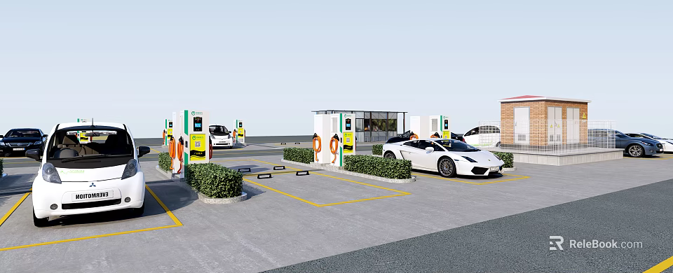 Modern Parking Lot With EV Charging Stations White Sports Car And Green Plants 3d model 