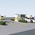 Modern Parking Lot With EV Charging Stations White Sports Car And Green Plants