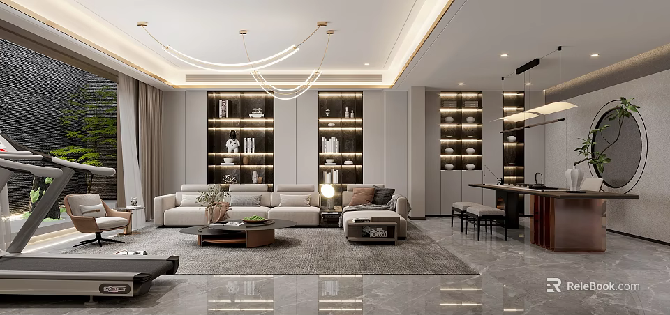 Modern Living Room Interior With Sofa Illuminated Cabinets And Chandelier 3d model 