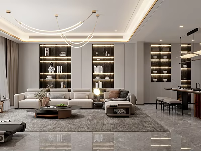 Modern Living Room Interior With Sofa Illuminated Cabinets And Chandelier 3d model