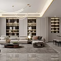 Modern Living Room Interior With Sofa Illuminated Cabinets And Chandelier