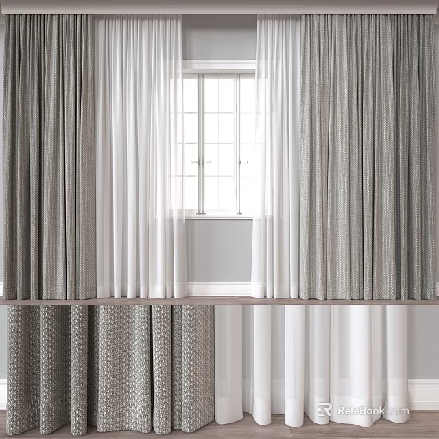 Layered Curtains With White Sheer Panels And Gray Textured Drapes For Modern Window Interior 3d model 