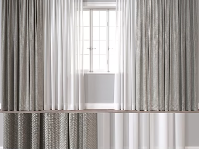 Layered Curtains With White Sheer Panels And Gray Textured Drapes For Modern Window Interior 3d model