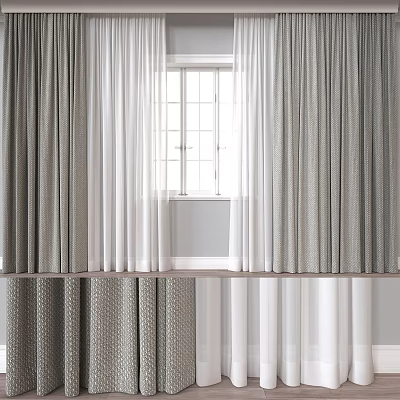 Layered Curtains With White Sheer Panels And Gray Textured Drapes For Modern Window Interior 3d model