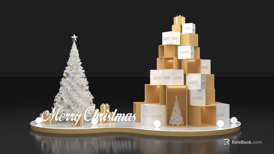 Festive Christmas Photo Spot With White Tree Golden White Gift Boxes And Merry Christmas Sign 3d model 