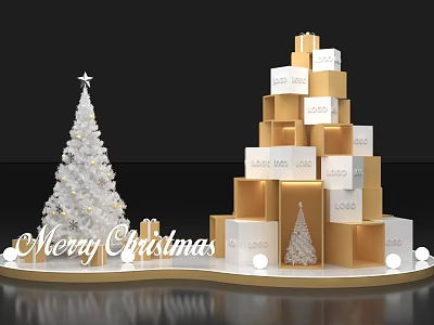 Festive Christmas Photo Spot With White Tree Golden White Gift Boxes And Merry Christmas Sign 3d model