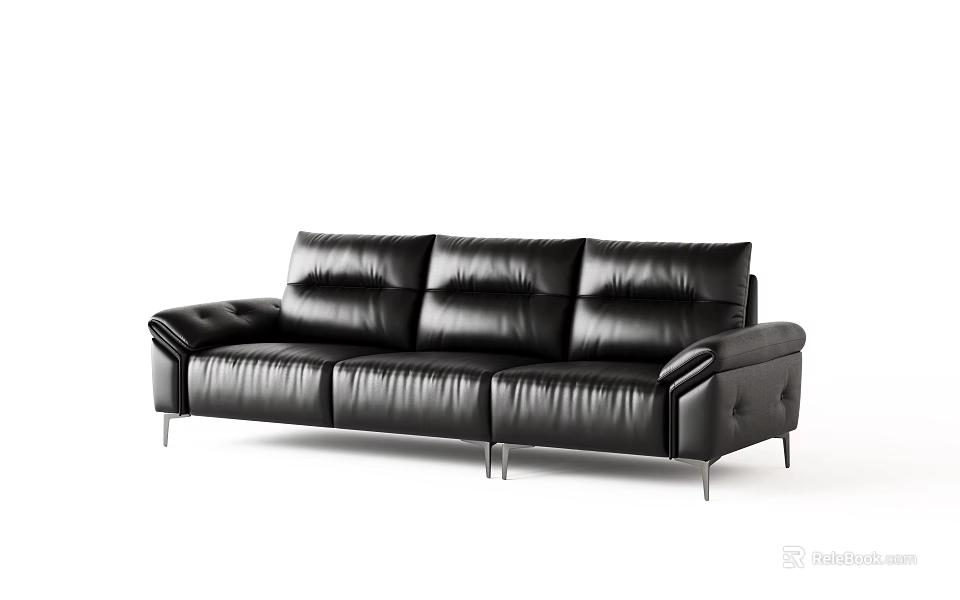 Black Leather Three Seater Sofa With Modern Design And Metal Legs 3d model 